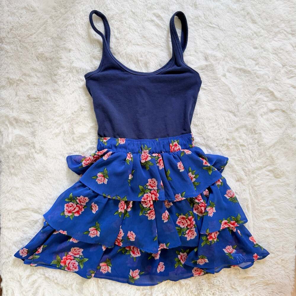 Abercrombie & Fitch Navy Blue Floral Tiered Ruffle Tank Dress